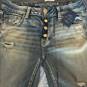 American Eagle Outfitters High Rise Blue Jeans with Vintage Distressing 10 Short